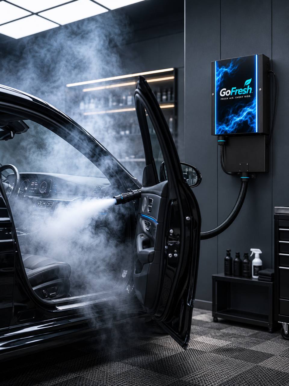 GoFresh Wall-Mounted system treating a car interior through an open door